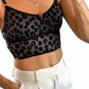 VICTORIA’S SECRET PINK Women’s Black Flocked Floral Mesh Bralette Size Large